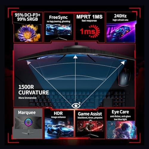 ZZA 34 Inch Curved Monitor, Gaming Monitor 240HZ 1500R 3440 * 1440P, Ultra Wide Computer Monitors with FreeSync,HDR10, 1ms,PC Screen Eye Care, Borderless Design,Support Wallmount 75x75mm 4