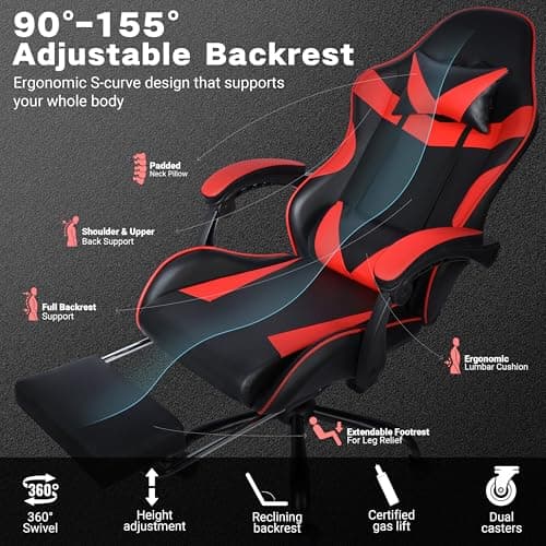 Ray Bear Gaming Chair, Ergonomic Computer Chair with Footrest and Lumbar Support, Height Adjustable Office Chair with 360° Swivel Seat and Headrest (Red & Black) 7