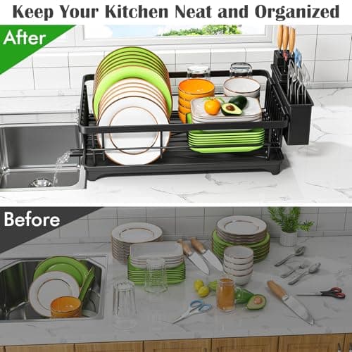 Kmiectse Dish Drying Rack - Space-Saving Small Dish Rack for Kitchen Counter, Rust-Resistant Kitchen Drying Rack, Compact Dish Drainer Organizer with Utensil Holder for Home Kitchen, Black 6