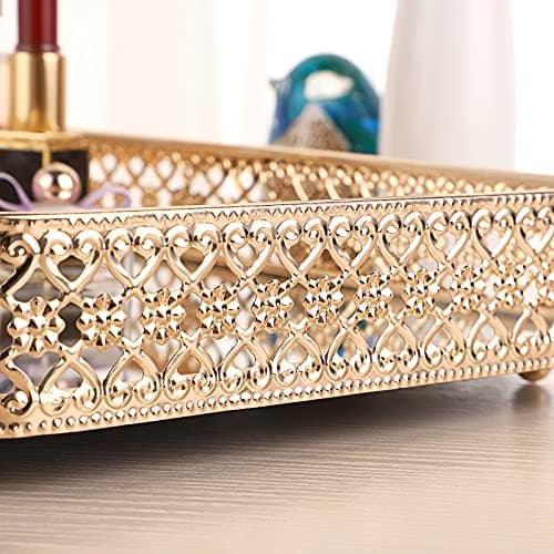 ELLDOO Perfume & Makeup Vanity Tray - Hollow-Carved Jewelry Storage, Glass & Metal Trinket Organizer for Dresser & Bathroom Countertop, Gold, Medium Size 5