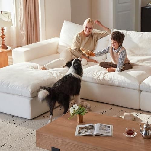 Vorthio Cloud Couch Sectional 113.8'' Oversized Modular Deep Seat Sofa L Shaped Comfy White Cloud Couch with Washable Cover for Living Room 3 Seater with 1 Ottoman 6