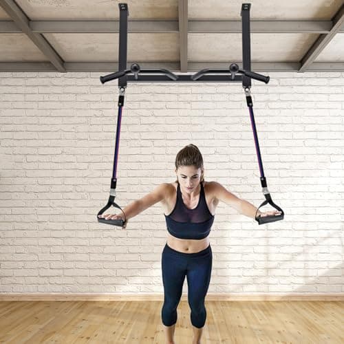 Kipika 32" Ceiling Mounted Pull Up Bar - Heavy Duty, Highly Adjustable, Multifunctional Chin Up Bar - Home Gym System with Punching Bag Hanger and Resistance Bands Training (Ceiling Mounted Pull Up Bar with Ball) 8