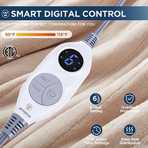 Westinghouse Electric Blanket Heated Throw, Super Cozy Soft Flannel 50"" x 60"" Heated Throw with 6 Fast Heating Levels & 2-10 Auto-Off, Machine Washable, ETL&FCC Certification, Home Office Use, Beige 5