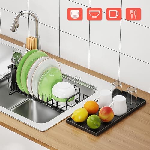 TOOCA BEAR Expandable Small Dish Drying Rack, Stainless Steels Over Sink Dish Drainer with Silicone Drying Tray Dish Racks for Kitchen Counter 5