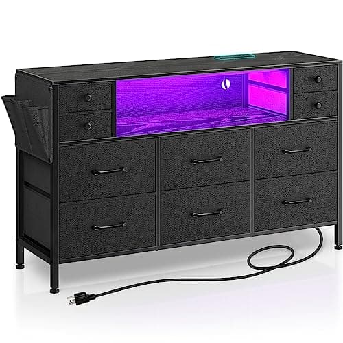 Rolanstar Dresser for Bedroom with LED Lights and Power Outlets, 55" TV Stand with 10 Drawers, Fabric Chest of Drawers with Side Pocket, PU Finish, Sturdy Frame & Wood Top, Black