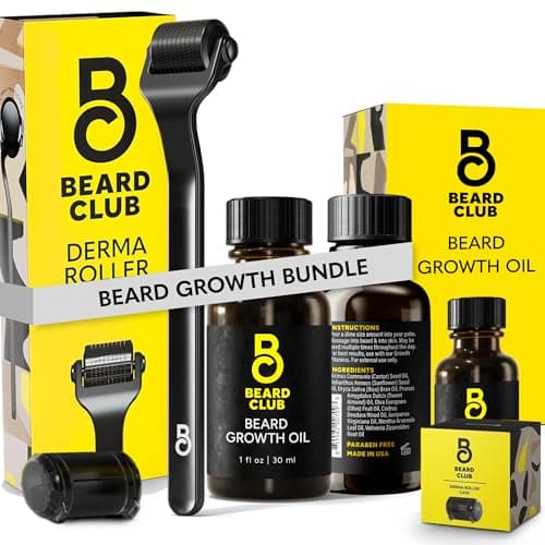 Beard Club Premium Derma Roller & Beard Growth Oil - Microneedling Roller with 540 Titanium Microneedles for Face, Body and Scalp - Beard Roller with Sandalwood & Cedar Beard Oil