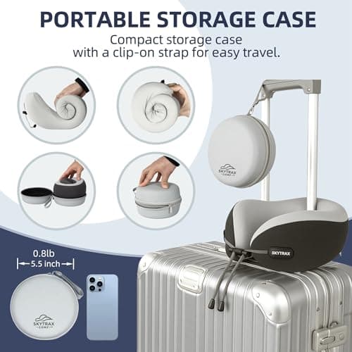 SKYTRAX COMF® Premium Ergonomic Memory Foam Travel Neck Pillow, Washable Cooling Ice Silk Cover, Firm Neck Support for Airplane Long Flights & Pain Relief, with Portable Carry Case (Grey) 5