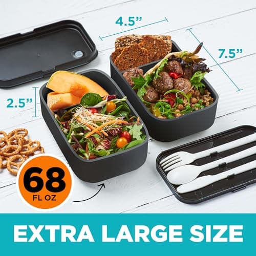 KARRICO Double Premium Bento Box Adult, 67 fl oz BPA-Free - Black Stackable Lunch Box with Leak-Proof Lids & Dividers, Perfect for Meal Prep, Lunches & Portion Control 5