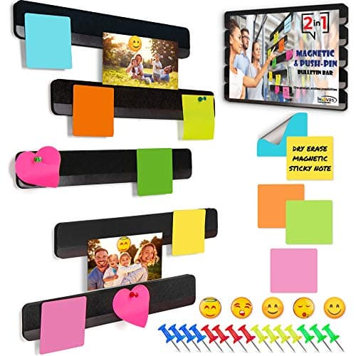 Combo Bulletin Board Strips with Magnet Strip - 5 pcs Felt & Magnetic Cork Board Strips for Walls w/Dry Erase Sticky Notes, Magnets & Push-Pins, Self-Adhesive Small Cork Boards (Black)