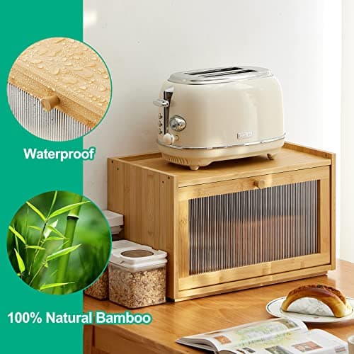 kiplant Large Bread Box for Kitchen Counter, Bamboo Bread Storage Container with Wavy Arcylic Transparent Door, Bamboo Wooden Farmhouse Bread Box for Your House 7