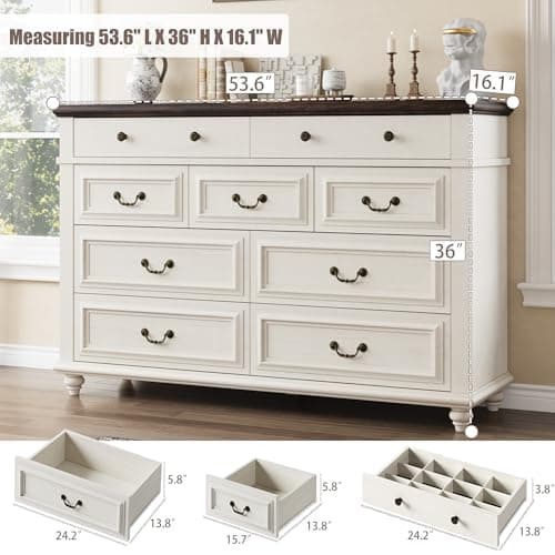 Jocoevol 9 Drawer Dresser for Bedroom, 54" Wide Bedroom Dressers with Drawers, Dresser Farmhouse with Natural Texture, Vintage Design Wide Dressers for Living Room, Entryway, White 2