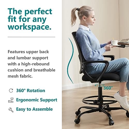 DUMOS Drafting Chair - Counter Height Adjustable Tall Office Desk Chair with Fixed Armrests and Comfortable Lumbar Support for Standing Desk, Deep Black 4