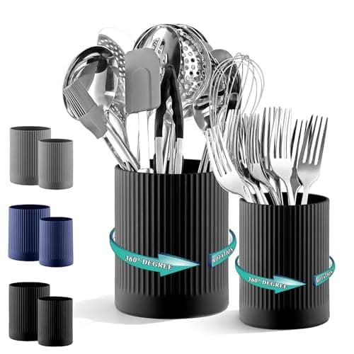 Kyraton Cooking Utensils Holder 2pcs, 360° Rotating Heavy Duty Plastic Kitchen Utensil Holder for Countertop, The Small Utensil Crock for Cutlery Silverware, Tooth Brush, Desk Pencil Pen