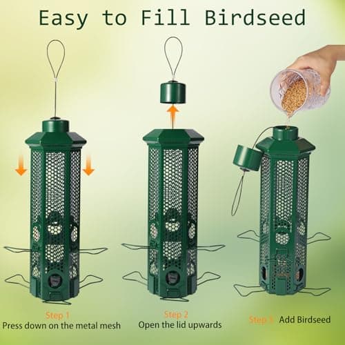 Squirrel Proof Bird Feeders with Removable Base, Metal Wild Bird Feeder for Outdoors Hanging, 6 Weight-Activated Ports Perches, 3LB Seed Capacity(Green) 5