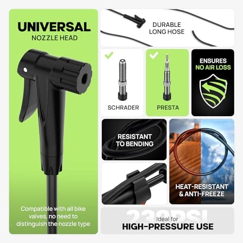 Bicycle Pump with Pressure Gauge – High Pressure Bike Tire Inflator 230 PSI – Reliable and Versatile Floor Air Pump with Presta Schrader Valves – Bike Pumps for Tires 5