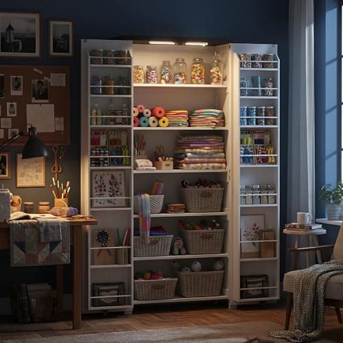 NEWOWNDS Craft Storage Cabinet with LED Lights​​ – 72" Adjustable Shelves Sewing Organizer, Multi-Purpose Sewing Cabinet for Craft Room/Home Office Storage 6