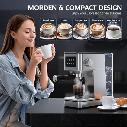 QJA Espresso Machine with Milk Frother, 20 Bar Compact Espresso Maker with Touch Screen & 57.5oz Removable Water Tank for Home, Stainless Steel Coffee Machine for Cappuccino, Latte, Silver(2025 Model) 8