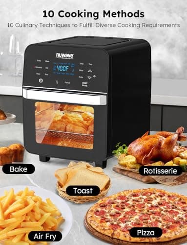 Nuwave Brio Air Fryer Oven, 15.5Qt X-Large Family Size, SS Rotisserie Basket &-Skewer Kit, Powerful 1800W, 50F-425F Temp Controls, Integrated Smart Thermometer 7
