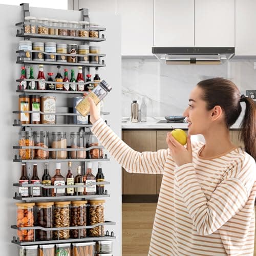 Over The Door Pantry Organizer, 9-Tier Over The Door Organizer with Adjustable Baskets, Metal Hanging Spice Rack for Pantry Organizers and Storage, Suitable for Kitchen Laundry Room & Bathroom, Black 8