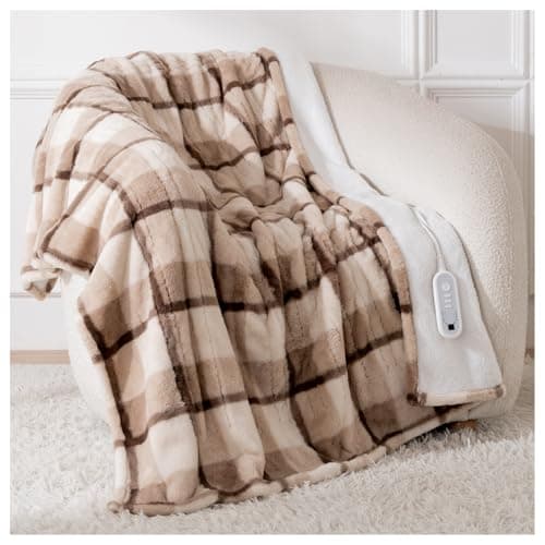 Heated Blanket Electric Throw, 50" x 60" Luxury Faux Rabbit Fur Blanket with 8 Heat Levels & 8 Hours Auto Off, Soft Cozy Sherpa Fuzzy Heating Blankets with ETL & FCC Certified, Washable, Brown Plaid