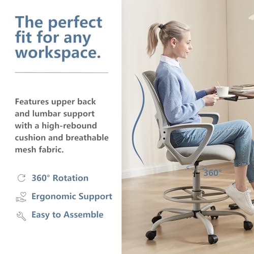 DUMOS Drafting Chair - Ergonomic Tall Office for Standing Desk, Counter with Height Adjustable and Comfortable Lumbar Support, Fixed Armrests, Grey 5