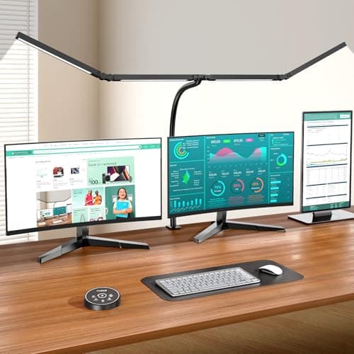 Pzloz Led Desk Lamps for Home Office - Eye Caring Architect Lamp with Clamp, Double Head Computer Monitor Work Desk Light with Remote Control: 24W Flexible Dimmable Desktop Table Lamp