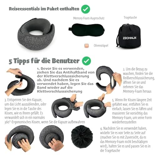 ZechnoX Ergonomic Travel Neck Pillow with Stowable Hood,Neck Pillow Airplane,Premium Memory Foam,360º Contoured Design,Washable Cover,Complete Travel Set,Ideal for Airplane,Car and Office (Black) 7