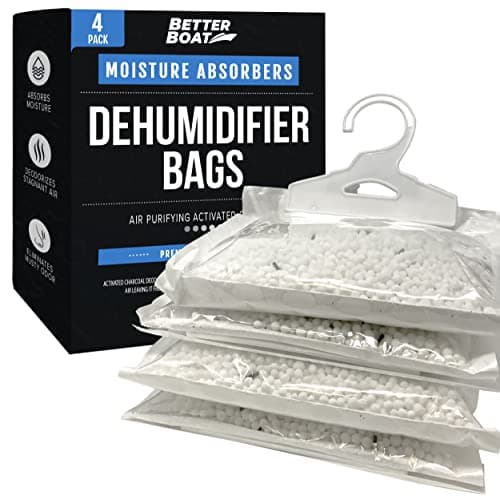4 Pack Moisture Absorber Hanging Bags, Boat Dehumidifier with Charcoal, Unscented, Removes Dampness and Musty Odors, Ideal for Basement, Closet, Home, Car, RV, and Boating