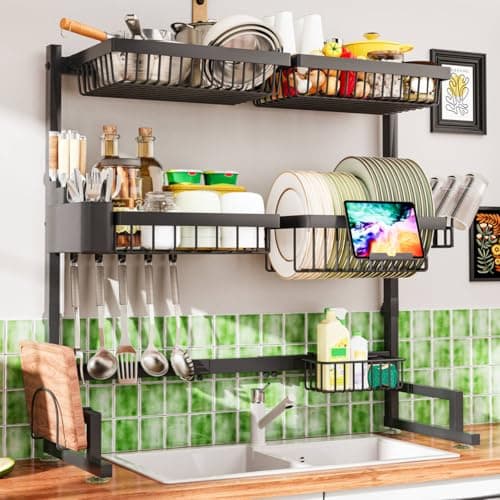 adoymiro 3-Tier Over Sink Dish Draining Rack, Adjustable Width and Height, with Phone Holder, Cup Holder, Knife and Chopstick Holder, Cutting Board Rack, Space-Saving Rack