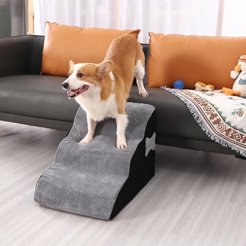 Dog Stairs for Small Dogs, 15.35”H 3 Steps Pet Steps for High Beds and Couch, Non-Slip Bottom Dog Steps,High Density Foam Pet Stairs Ramp for Small Dogs and Cats, with Removable Washable Cover, Grey 7