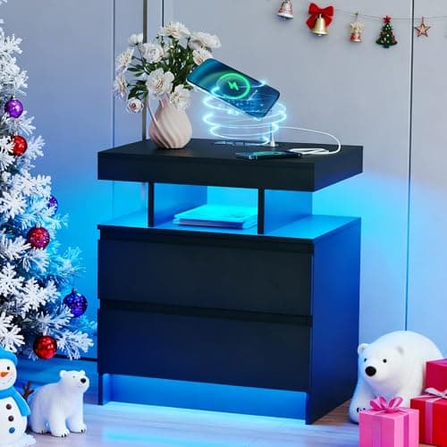 dnbss Nightstand with Charging Station and LED Light, Modern Night Stand with 2 Drawers, Smart Nightstand with USB Ports and Wireless Charger, Bedside Table for Bedroom (Black)