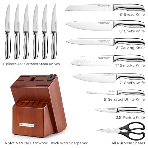 Zulay 15 Piece Stainless Steel Knife Set with Block and Sharpener - Sharp Knife Block Set with Built In Sharpener - Kitchen Knife Set With Block - Rust Proof Knife Set Stainless Steel 2