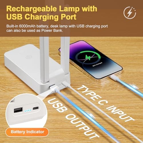 Rechargeable Lamps Cordless Lamps,6000mAh Battery Powered Lamp,3 Colors+Dimmable Desk Light,Rechargeable Table Lamp with USB Charging Port+45min-Timer,Wireless & Portable Light,Battery Operated Lights 4