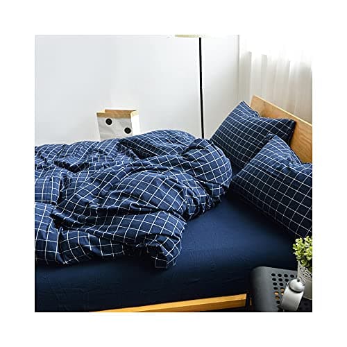 F.Y.Dreams 100% Washed Cotton Duvet Cover for Weighted Blanket 60x80 inches with 16 Ties, Zipper on Long Side/Navy Grid/Just Duvet Cover 8