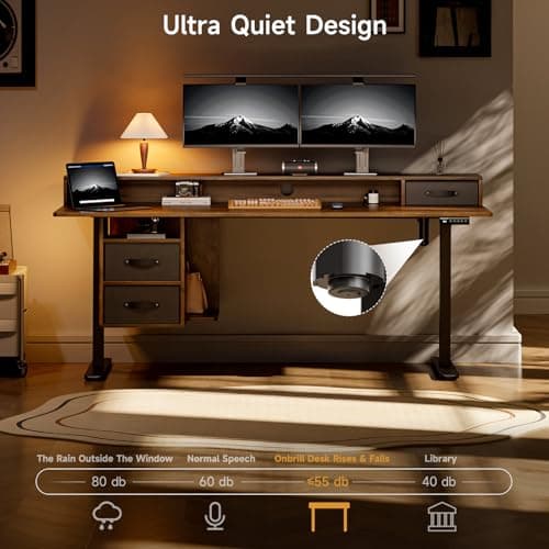 ONBRILL Standing Desk with Drawers, 63x24 Inch Electric Stand Up Desk with 3 Drawers and Open Storage Shelf, Adjustable Height 28-46 Inches for Home and Computer Workstation, Walnut 5