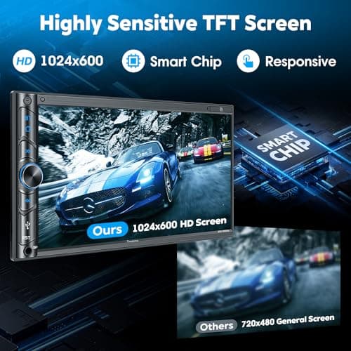 Upgrade Wireless Double Din Car Stereo with Carplay, Android Auto, Bluetooth, 4-Channel RCA, High Power, 2 Subwoofer Ports, 7" HD Capacitive Touchscreen Car Radio, Backup Camera, Audio Receiver 7