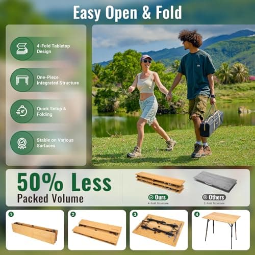 KingCamp Bamboo Folding Table, 4-Fold Camping Adjustable Height Portable Outdoor Lightweight & Compact Table with Aluminum Frame for RV Picnic BBQ Tailgating 9