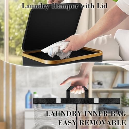 Laundry Hamper with Wheels,20 Gal (75L) Laundry Basket with lid Rolling Clothes Hamper Foldable Dirty Clothes Basket on wheels with Bamboo Frame and Bag for Bedroom, Dorm, Laundry Room-Black 5