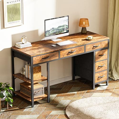 Huuger Computer Desk with 6 Drawers, Office Desk with Shelves, Reversible Gaming Desk, Corner Desk with Storage, Work for Home Office, Study, Living Room, 47inch, Rustic Brown 8
