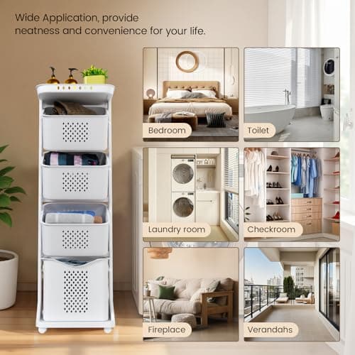 BAOKALER 4-Tier Laundry Hamper Sorter, Vertical Rolling Laundry Baskets with Wheels Removable, Stackable Laundry Cart Organizer and Storage for Small Space, Dorm, Closet, Bathroom 7