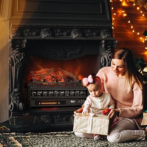 TURBRO Eternal Flame Infrared Electric Fireplace Logs, 23" Infrared Quartz, Remote Control Fireplace Insert Log Heater, Realistic Lemonwood Ember Bed, Thermostat, Timer, 1500W Black 6