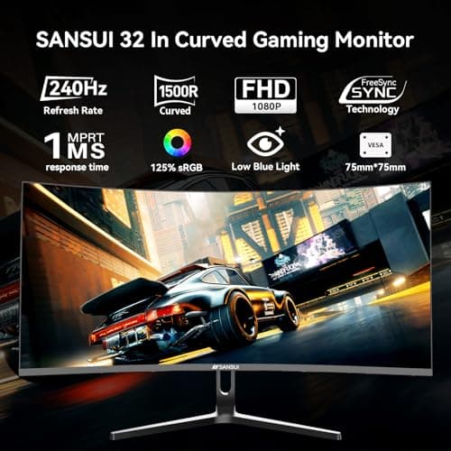 SANSUI 32 Inch Curved 240Hz Gaming Monitor High Refresh Rate, FHD 1080P Gaming PC Monitor HDMI DP1.4, Curved 1500R, 1Ms MPRT, HDR,Metal Stand,VESA Compatible(DP Cable Incl.) 7
