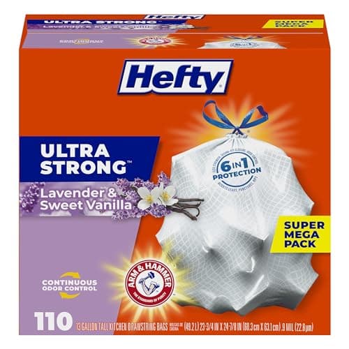 Hefty Ultra Strong 13 Gallon Trash Bags, Tall Kitchen Trash Bags 13 Gallon Size, Drawstring Closure, Continuous Odor Control, White, Lavender and Sweet Vanilla Scent, 110 Bags