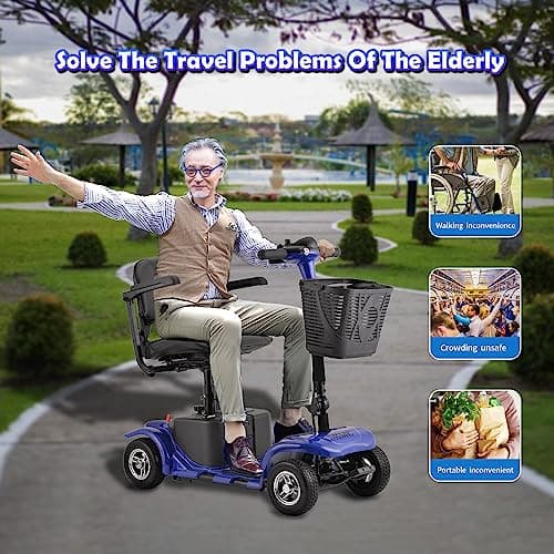 Mobility Scooter for Adults, Senior, Skmc 4 Wheels Electric Powered Chargeable Device for Travel, Lightweight and Portable, with LED Headlights and Basket, Charger Included, Red/Blue (Blue Blue) 7