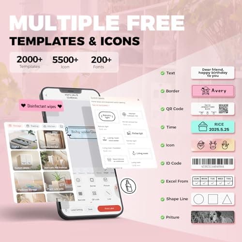Label Maker Machine with Tape, Label Makers with Multiple Templates, Mini Label Maker Widely Used in Home Office School Organization, Bluetooth Label Printer Easy to Use for Small Labels, Pink 6