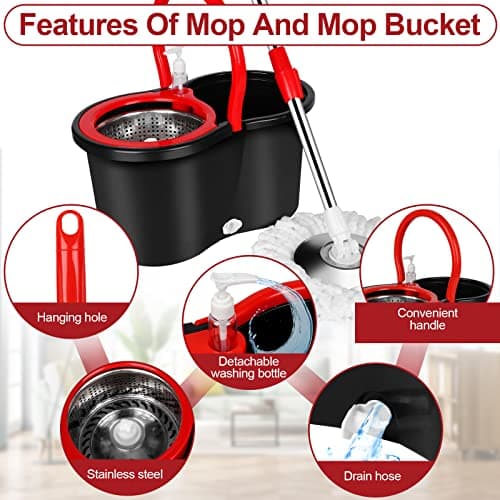 Spin Mop and Bucket with Wringer Set, 360° Spinning Mop Bucket System with 3 Microfiber Mop Replacement Heads and 61" Stainless Steel Adjustable Handle for Floor Cleaning (20QT) 5