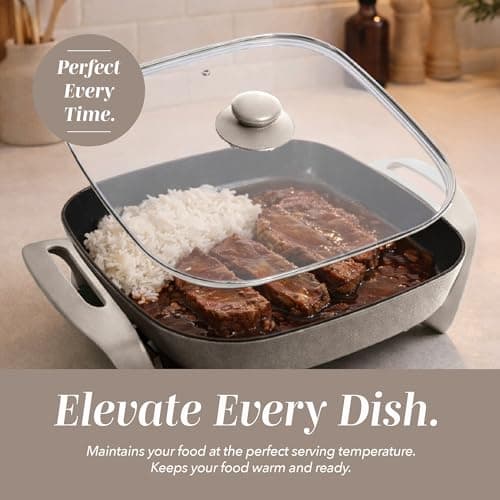COOK WITH COLOR Electric Skillet - 12" x 12" Ceramic Nonstick Pan, PFAS-Free, 1400W, Tempered Glass Lid, Variable Temperature, Removable Heating Probe, Cool-Touch Handles, Sand 6
