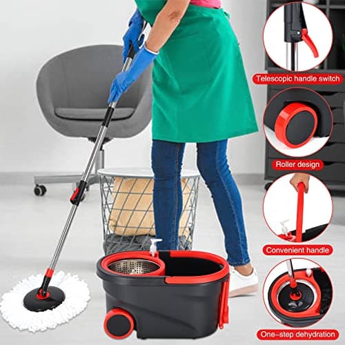 Spin Mop and Bucket, Mop Set with Bucket On Wheels with 3 Microfiber Mop Refills, Stainless Steel 61" Extended Handle Mop and Bucket with Wringer Set for Floor Cleaning 6
