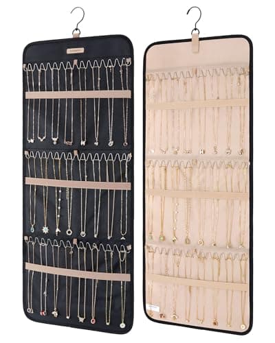 BAGSMART Hanging Necklaces Organizer Jewelry Holder Storage Roll with Hanger Metal Hooks Double-Sided Jewelry Organizer for Necklaces, Bracelets on Closet, Wall, Door, 1 piece, Large Black