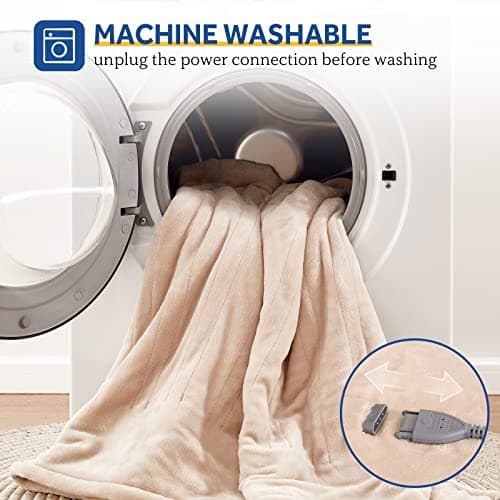 Sealy Electric Blanket Queen Size, Flannel Heated Blanket with 10 Heating Levels & 1-12 Hours Auto Shut Off, Fast Heating Warm Blanket, Machine Washable, Beige, 84 x 90 Inch 7